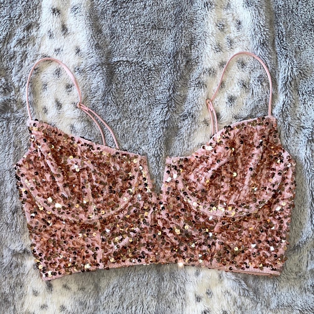Anthropologie Pink Sequin Corset Crop Top Tank Top